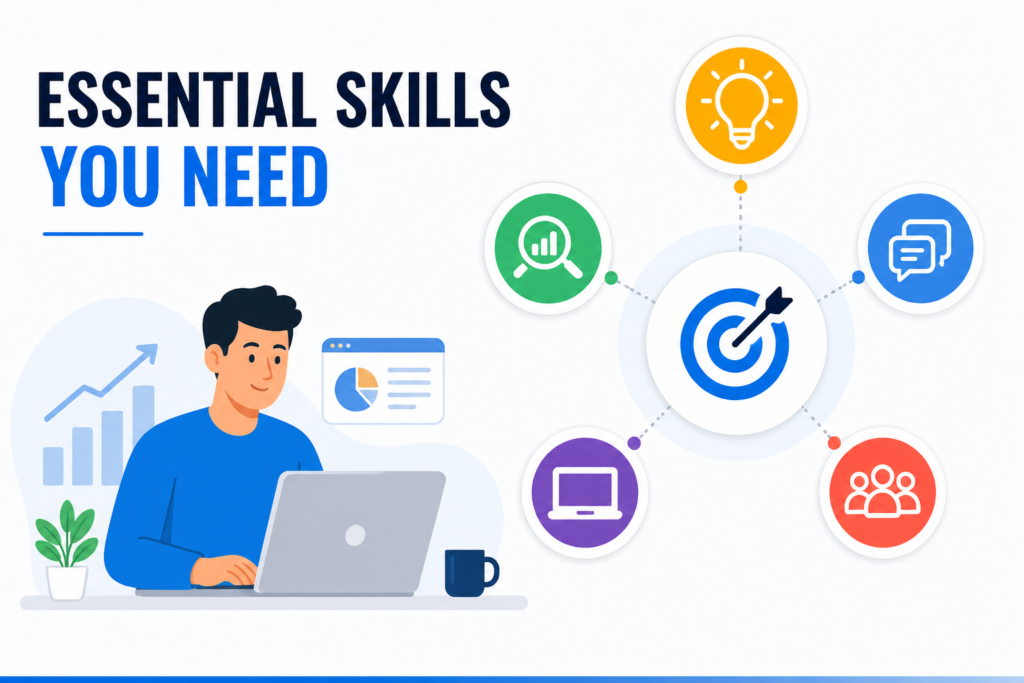 Minimal digital marketing skills illustration showing creativity, analytics, communication, and technical knowledge.