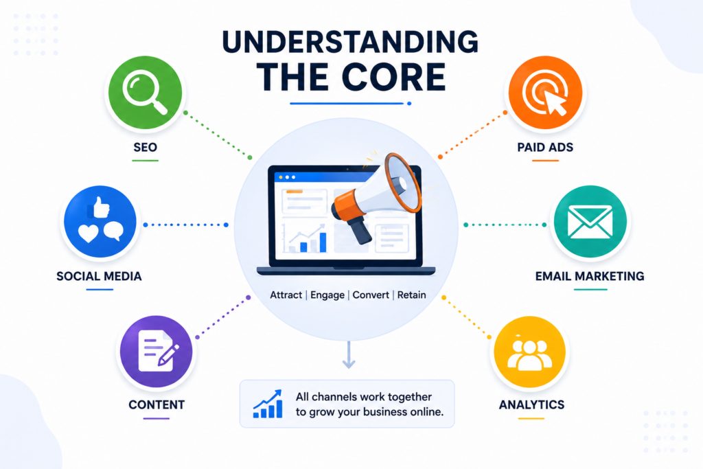 Illustration of essential digital marketing tools including analytics, SEO, content design, email marketing, and online advertising.